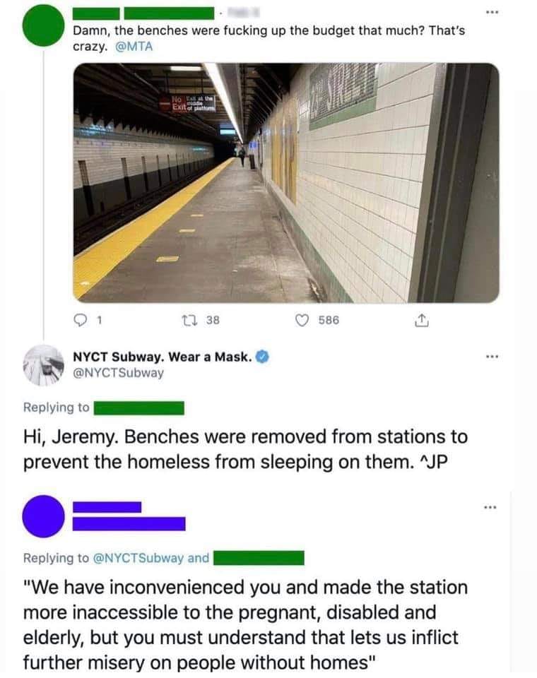 This meme is a screenshot of a Twitter conversation where a user is responding to a post about a New York City subway station's benches being removed. The user is jokingly asking if the benches were removed to save money for a new subway car, and the New York City subway's official Twitter account responds with a sarcastic comment about the benches being removed to make the station "more accessible" to people without homes.